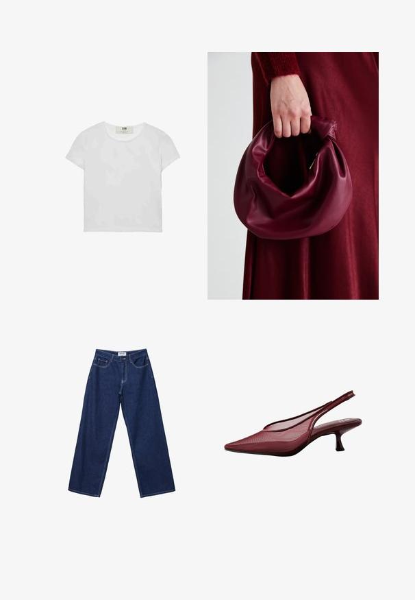 T-shirt bianco a maniche corte e girocollo, realizzato in cotone morbido, con un design semplice e pulito, privo di motivi o dettagli visibili.; Jeans in denim blu scuro a gamba larga con chiusura a bottone, cinque tasche e cuciture bianche a contrasto. Il tessuto ha una finitura liscia e leggermente texturizzata.; Pumps slingback bordeaux con punta affusolata e upper in rete. Presentano un tacco sottile e un design con ritagli, che conferisce un'elegante silhouette.; Borsa in pelle bordeaux con un design morbido e arricciato e una forma arrotondata. Il manico è fissato, mostrando una texture liscia.