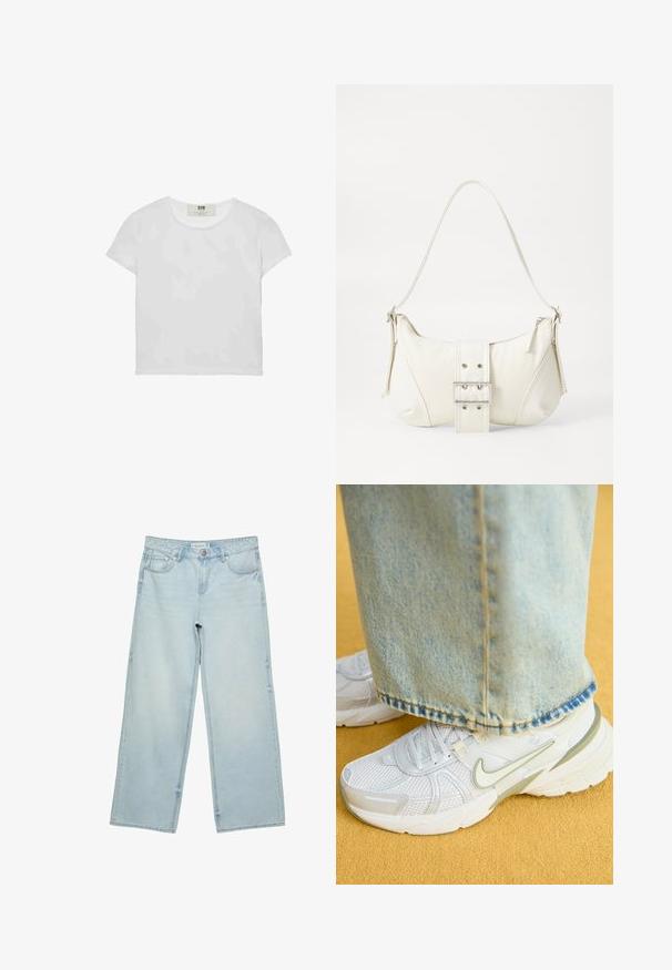 Bijela majica kratkih rukava s okruglim izrezom, izrađena od mekanog pamuka, s jednostavnim, čistim dizajnom bez vidljivih uzoraka ili akcenta.; Svijetloplave široke traperice s visokim strukom, s pet džepova i suptilnim izblijeđenjem. Ravnog kroja s obrubljenim rubovima.; Bijele sportske tenisice s mrežastim gornjim dijelom, zelenim naglascima, teksturiranim potplatom, kombinirane s svijetloplavim trapericama koje imaju pohabani rub.; Bijela torbica s teksturiranim završetkom, središnjim detaljem kopče i zakrivljenim oblikom. Rajsferšlusi sa svake strane.