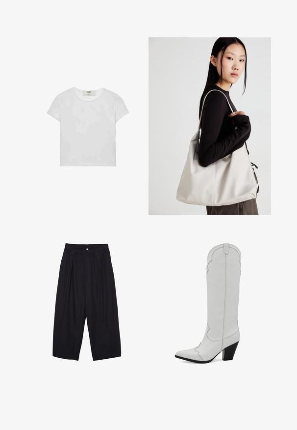Biele tričko s krátkym rukávom a okrúhlym výstrihom, vyrobené z mäkkého bavlneného materiálu, s jednoduchým a čistým dizajnom bez viditeľných vzorov alebo doplnkov.; Čierne polyesterové culotte nohavice s elastickým pásom, dvoma prednými záhybmi a voľným strihom. Žiadne viditeľné vzory ani detaily z kovu.; Biele kožené vysoké čižmy po kolená s špicatou špičkou, ktoré majú na vrchu vlnkovaný dizajn a čierny blokový podpätok. Hladký povrch.; Béžová kabelka vyrobená z mäkkého materiálu, s uvoľneným dizajnom, prišitými detailmi a dvoma popruhmi na nosenie na pleciach. Vhodná na každodenné nosenie.
