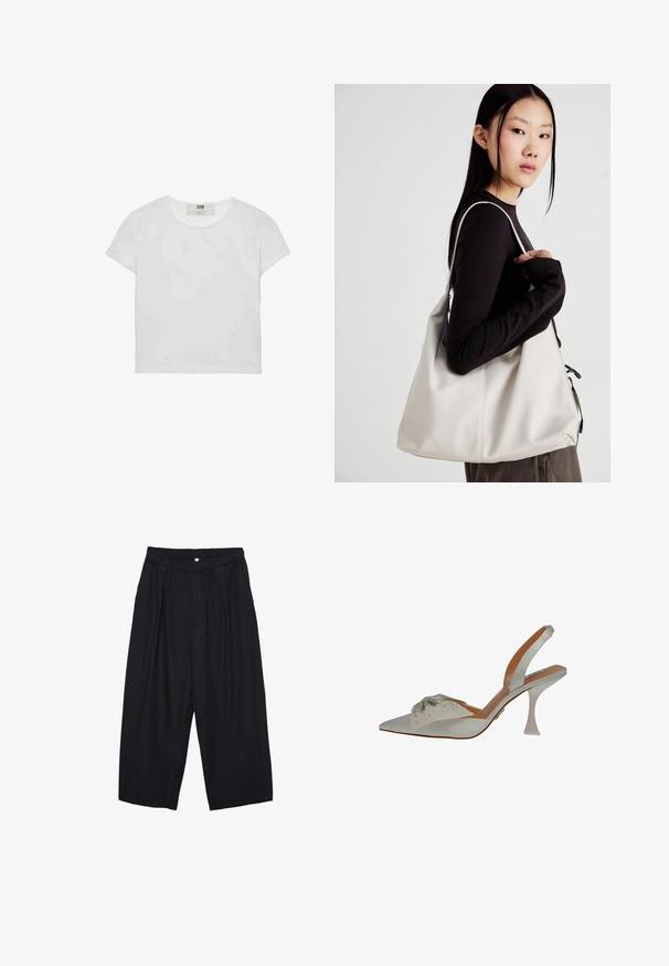 Biele tričko s krátkym rukávom a okrúhlym výstrihom, vyrobené z mäkkého bavlneného materiálu, s jednoduchým a čistým dizajnom bez viditeľných vzorov alebo doplnkov.; Čierne polyesterové culotte nohavice s elastickým pásom, dvoma prednými záhybmi a voľným strihom. Žiadne viditeľné vzory ani detaily z kovu.; Biele saténové sandále s bodcovým prstom, zdobené striebornými korálkami. Majú tenký, priehľadný podpätok a textúrovaný dekoratívny detail na vrchnej časti.; Béžová kabelka vyrobená z mäkkého materiálu, s uvoľneným dizajnom, prišitými detailmi a dvoma popruhmi na nosenie na pleciach. Vhodná na každodenné nosenie.