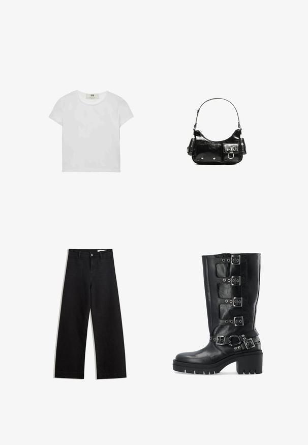 Biele tričko s krátkym rukávom a okrúhlym výstrihom, vyrobené z mäkkého bavlneného materiálu, s jednoduchým a čistým dizajnom bez viditeľných vzorov alebo doplnkov.; Čierne denimové nohavice s širokými nohavicami a vysokým pásom, so prednými a zadnými vreckami, šitými švami a zapínaním na gombík. Hladká textúra.; Čierne kožené vysoké čižmy po kolená so štyrmi striebornými prackami, hrubou platformou a štýlovými cvočkami okolo členka.; Čierna laková kožená kabelka s ohnutým tvarom, jedným ramenným popruhom, prednými vreckami a striebornými kovovými doplnkami.