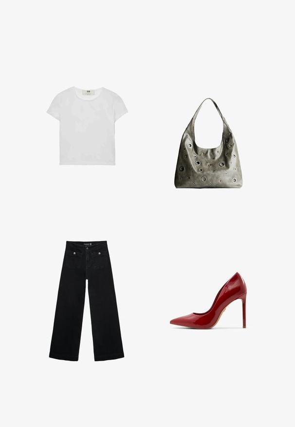 Kortärmad, rundhalsad vit t-shirt i mjuk bomull, med en enkel, ren design utan synliga mönster eller detaljer.; Svart vida jeans med hög midja, med två framfickor och metalldetaljer i form av knappar. Tyget har en mjuk textur.; Röd lackläder högklackad sko med spetsig tå, slät yta och en smal stilettklack med en beige sula.; Olivgrön läderhandväska med en avslappnad design, som har cirkulära utskärningar i olika storlekar och accenter i mörkare och ljusare nyanser.