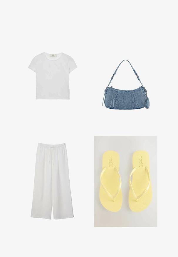 Biele tričko s krátkym rukávom a okrúhlym výstrihom, vyrobené z mäkkého bavlneného materiálu, s jednoduchým a čistým dizajnom bez viditeľných vzorov alebo doplnkov.; Biele široké nohavice z ľahkého materiálu s elastickým pásom a šnúrkou na nastavenie veľkosti. Hladká textúra.; Žlté šľapky s textúrovanou stielkou a tenkými popruhmi. Názov značky "self." je vyrazený na vrchnej ploche. Jednoduchý dizajn a mäkký materiál.; Džínová kabelka s zakriveným tvarom, svetlomodrej farby, so nastaviteľným popruhom na rameno a malým odnímateľným vreckom s kovovými detailmi.
