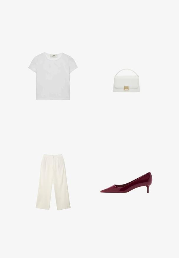 Bela majica s kratkimi rokavi in okroglim ovratnikom, izdelana iz mehke bombažne tkanine, ki ima preprost, čist dizajn brez vidnih vzorcev ali poudarkov.; Hlače širokih nogavic iz kremaste tkanine z gladko teksturo, z enim sprednjim gumbom, diskretnimi plisami in visokim pasom.; Burgundska patentna usnjena čevlja z ostrim nosom in kratko, vitko peto. Gladka tekstura z sijočim zaključkom in brez vidnih vzorcev.; Bela usnjena torbica s strukturirano zasnovo, ki ima ročaj na vrhu in zaponko v zlatem tonu. Gladka tekstura in minimalistični detajli.