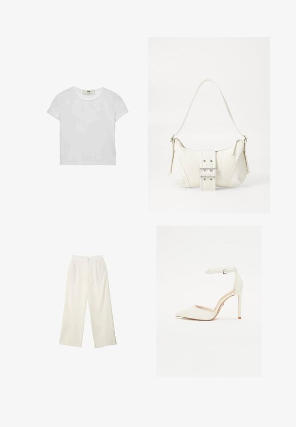 Bijela majica kratkih rukava s okruglim izrezom, izrađena od mekanog pamuka, s jednostavnim, čistim dizajnom bez vidljivih uzoraka ili akcenta.; Hlače širokih nogavica od kremaste tkanine s glatkom teksturom, s jednim prednjim gumbom, suptilnim plitvicama i visokim strukom.; Bijela kožna cipela s visokom petom, šiljastim nožnim dijelom i tankim remenom oko gležnja. Ima stiliziranu petu i minimalistički dizajn.; Bijela torbica s teksturiranim završetkom, središnjim detaljem kopče i zakrivljenim oblikom. Rajsferšlusi sa svake strane.