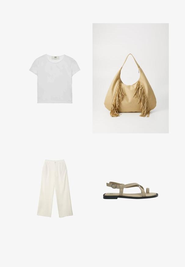 Kortærmet, rundhalset hvid t-shirt lavet af blød bomuld, med et simpelt, rent design uden synlige mønstre eller accenter.; Bredde bukser i cremefarvet stof med en glat tekstur, der har en enkelt knap foran, diskrete folder og design med høj talje.; Beige ruskindssandaler med flad sål, der har krydsende stropper og en justerbar spænde på bagsiden. Minimalistisk design og åben tå.; Tan ruskind skuldertaske med en stor åbning og lange frynse detaljer på begge sider, kendetegnet ved en glat tekstur og et enkelt håndtag.