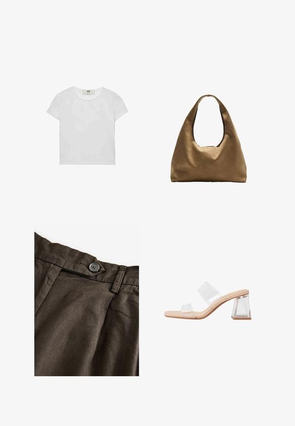 T-shirt bianco a maniche corte e girocollo, realizzato in cotone morbido, con un design semplice e pulito, privo di motivi o dettagli visibili.; Pantaloni in lino marrone con chiusura a bottone, pieghe frontali e tessuto testurizzato. La vita è strutturata con cuciture visibili.; Sandali con tacco trasparente caratterizzati da due cinturini trasparenti, una base beige e un tacco a blocco trasparente geometrico. Design minimalista con texture liscia.; Borsa a spalla in tessuto marrone con un corpo ampio e arrotondato e una grande maniglia a taglio. Texture morbida, design minimalista e senza hardware visibile.