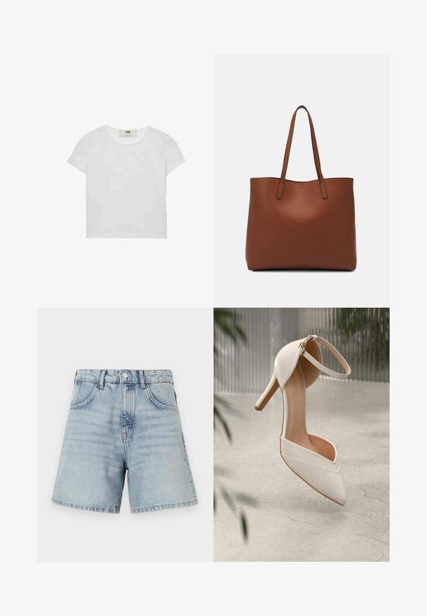 Biała koszulka z krótkim rękawem i okrągłym dekoltem, wykonana z miękkiej bawełny, charakteryzująca się prostym, czystym wzorem bez widocznych zdobień ani akcentów.; Jasnoniebieskie szorty dżinsowe z wysokim stanem, pięcioma kieszeniami i surowym wykończeniem. Materiał ma lekki przetarcie z widocznymi detalami szycia.; Białe buty na wysokim obcasie z gładkiego materiału, z wypłaszczonym noskiem i paskiem na kostkę. Wnętrze w jasnym odcieniu brązu, z akcentami w kolorze złotym.; Brązowa skórzana torba tote o gładkiej fakturze, z otwartym wierzchem i dwoma ramiączkami. Charakteryzuje się minimalnym przeszyciem i brakiem widocznych elementów metalowych.