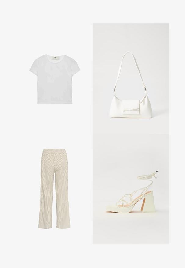 Bela majica s kratkimi rokavi in okroglim ovratnikom, izdelana iz mehke bombažne tkanine, ki ima preprost, čist dizajn brez vidnih vzorcev ali poudarkov.; Svetlo bež prugaste hlače širokega kroja, z elastičnim pasom in navpičnimi črtami, ki ustvarjajo teksturiran videz.; Bela sandala na visokih petah s debelim petam, ki ima obliko trakcev in vezanje okoli gležnja. Gladka tekstura z platformo spredaj za dodatno višino.; Bela sintetična torbica v obliki trikotnika, z ravnim sprednjim poklopcem in detajlom mašne, nastavljivim trakom, gladko teksturo in minimalističnim dizajnom.
