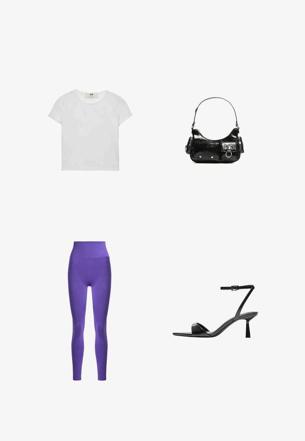 T-shirt blanc à manches courtes et col rond, en coton doux, avec un design simple et épuré, sans motifs ni accents visibles.; Leggings violets taille haute avec des panneaux en tricot texturé, une finition lisse et des accents côtelés au niveau de la taille et de la cheville.; Bershka Sandales à talons hauts - black; Sac à main en cuir verni noir avec une forme incurvée, une bandoulière, des poches avant et des accents en métal argenté.