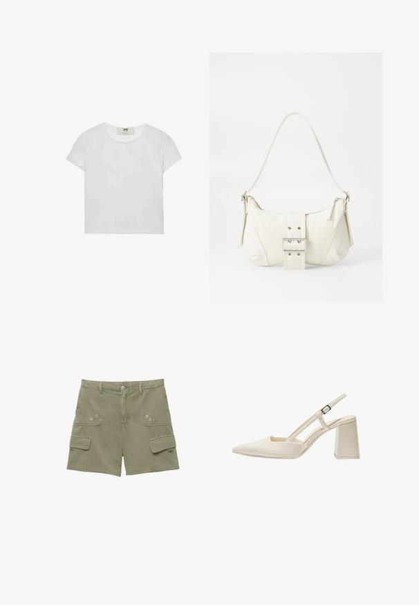 T-shirt blanc à manches courtes et col rond, en coton doux, avec un design simple et épuré, sans motifs ni accents visibles.; Shorts cargo en coton vert olive avec deux poches avant, une poche latérale et fermeture à bouton en métal. Texture lisse et coupe ajustée.; Chaussures slingback beiges avec un embout pointu, finition laquée brillante, talon intermédiaire et bride réglable. Design minimaliste avec des côtés ouverts.; Sac à épaule blanc avec une finition texturée, une accentuation par une boucle centrale et une forme courbée. Fermetures éclair des deux côtés.