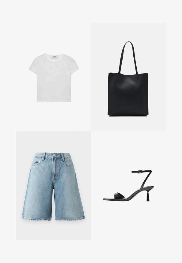 Biele tričko s krátkym rukávom a okrúhlym výstrihom, vyrobené z mäkkého bavlneného materiálu, s jednoduchým a čistým dizajnom bez viditeľných vzorov alebo doplnkov.; Svetlo modré riflové šortky s voľným strihom, stredne vysokým pásom, piatimi vreckami a kontrastnými švovými detailmi. Tkanina má jemnú textúru.; Bershka Sandále na vysokom opätku - black; Čierna kožená taška na rameno s hladkým povrchom, obdĺžnikovým tvarom a dvoma dlhými uchami. Bez viditeľného kovania alebo ozdôb.