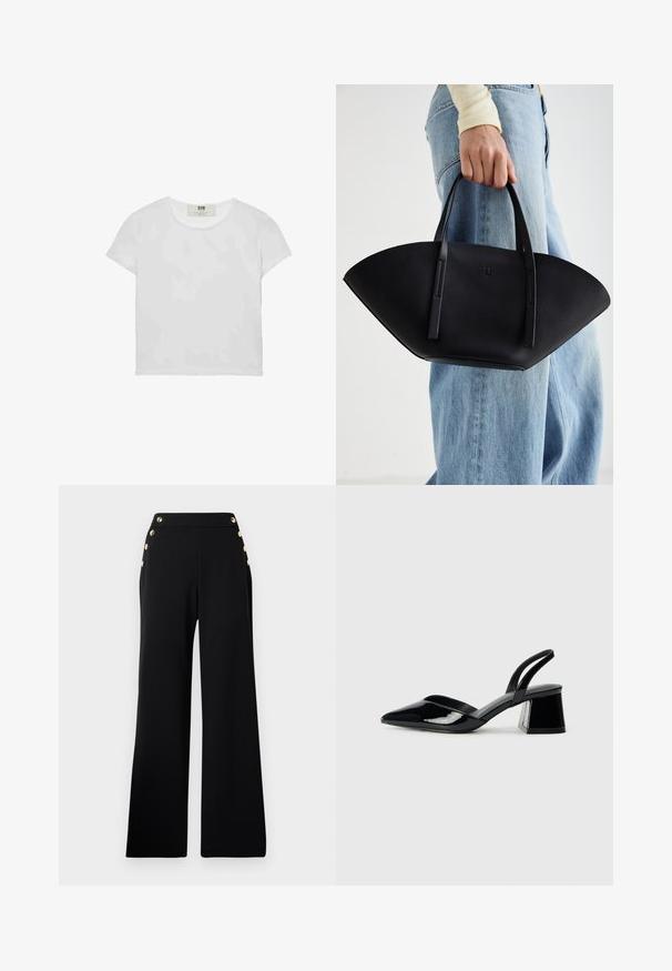 Bílá tričko s krátkým rukávem a kulatým výstřihem, vyrobené z jemné bavlny, s jednoduchým a čistým designem bez viditelných vzorů nebo akcentů.; Černé široké kalhoty s vysokým pasem a zlatými knoflíky vpředu, s kapsami na obou bocích, na bílém pozadí.; Černé lakované kožené lodičky na pásku s špičatou špičkou a geometrickým blokovým podpatkem. Vyznačují se elegantním, minimalistickým designem a hladkým povrchem.; Černá kožená kabelka s jedinečným tvarováním ve tvaru vějíře, vybavená plochými uchy. Povrch má jemně zrnitou texturu a minimalistický design.
