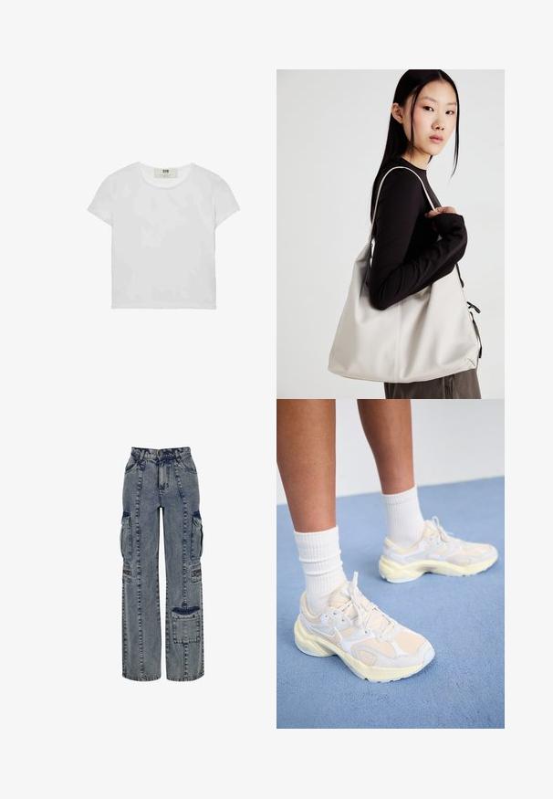 Weißes T-Shirt mit kurzen Ärmeln und Rundhalsausschnitt, aus weicher Baumwolle gefertigt, mit einem schlichten, sauberen Design ohne sichtbare Muster oder Akzente.; Denim-Cargohosen in Hellblau. Merkmale sind weite Beine, mehrere Seitentaschen und kontrastierende Akzente aus dunklem Denim. Strukturiert mit sichtbaren Nähten.; Elegante Sportschuhe in blassgelb und weiß, gefertigt aus Mesh- und Synthetikmaterialien, mit runder Form und strukturierten Sohlen.; Beige Handtasche aus weichem Material, mit einem lässigen Design, gesteppten Details und zwei Schulterriemen. Geeignet für den täglichen Gebrauch.