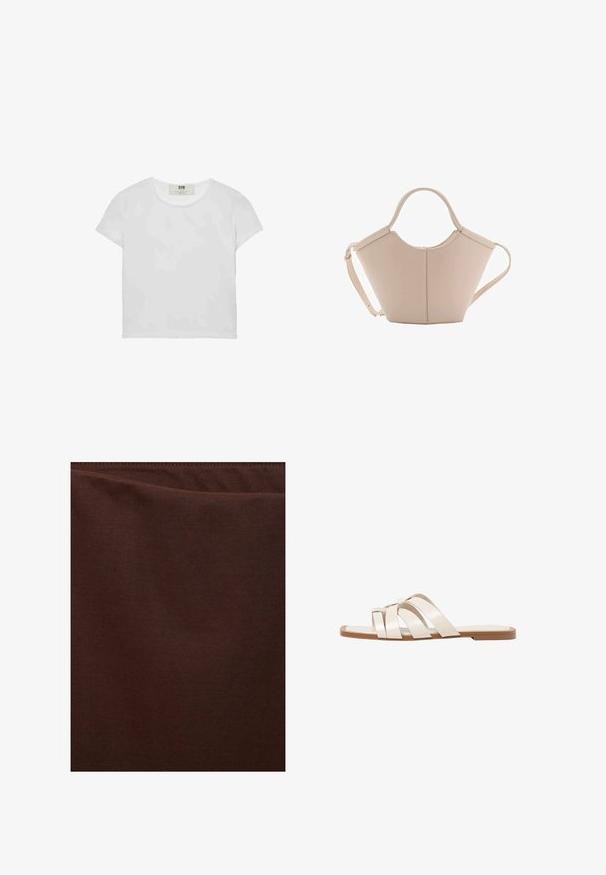 Bela majica s kratkimi rokavi in okroglim ovratnikom, izdelana iz mehke bombažne tkanine, ki ima preprost, čist dizajn brez vidnih vzorcev ali poudarkov.; Temno rjave tkanine, gladka tekstura, rahlo sijoč zaključek, brez vidnih vzorcev ali dodatkov, z čistim in preprostim dizajnom.; Ravne sandale s svetlo rjavim gumijastim podplatom, zasnovane s tremi prekrivajočimi se belimi usnjenimi trakovi in majhnim lokom na sredini.; Bežna usnjena torbica edinstvene oblike, z dvema kratkima ročajema in dolgim nastavljivim trakom. Gladka tekstura z minimalno kovinsko opremo.