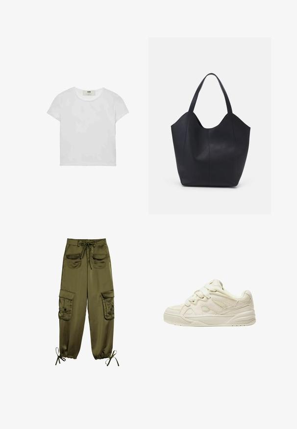 Biele tričko s krátkym rukávom a okrúhlym výstrihom, vyrobené z mäkkého bavlneného materiálu, s jednoduchým a čistým dizajnom bez viditeľných vzorov alebo doplnkov.; Olivovo zelené cargo nohavice vyrobené z hladkého materiálu, s dvoma prednými vreckami, nastaviteľným pásom a elastickými manžetami s viazaniami pri členkoch.; Béžové tenisky s textúrovaným zvrškom, výraznými šnúrkami, sieťovanými panelmi a hrubou podrážkou. Zakrivený dizajn s polstrovaným golierom pre pohodlie.; Čierna taška s dlhým uchom vyrobená z hladkej kože, s oblým otvoreným vrchom a dvoma ramennými popruhmi, minimalistického dizajnu.