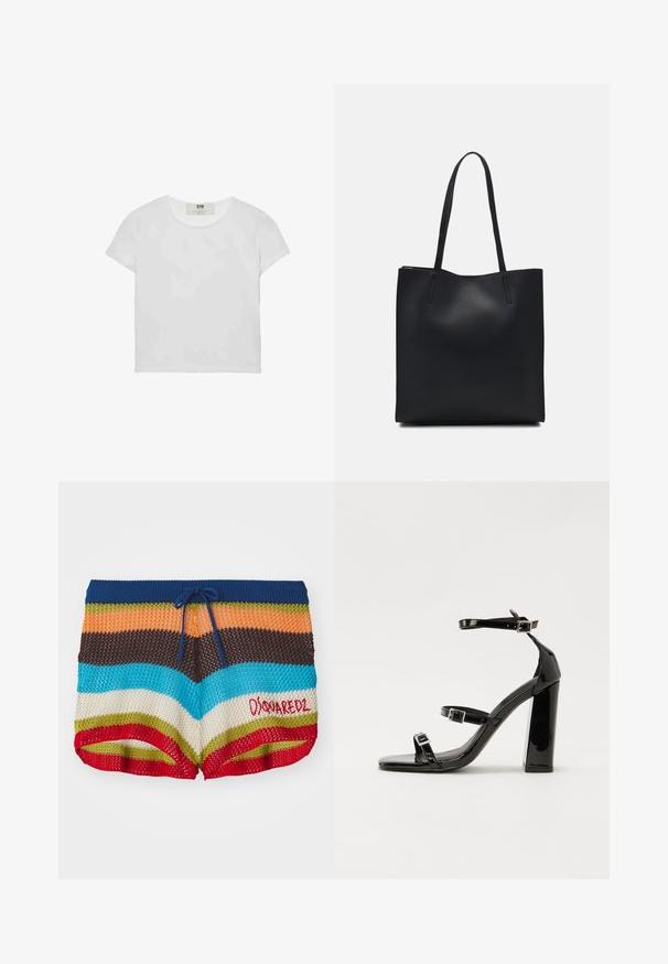 T-shirt bianco a maniche corte e girocollo, realizzato in cotone morbido, con un design semplice e pulito, privo di motivi o dettagli visibili.; Pantaloni shorts in maglia con righe orizzontali blu, arancione, marrone, turchese, crema, verde e rosso, dotati di un cordoncino blu navy e del logo rosso "Dsquared2".; Sandali con tacco in vernice nera, con punta squadrata, cinturini alla caviglia e fibbie in argento. Presentano un tacco a blocco spesso per maggiore stabilità.; Borsa tote in pelle nera con texture liscia, forma rettangolare e due manici lunghi. Nessun hardware o decorazione visibile.