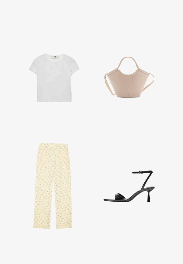 Bela majica s kratkimi rokavi in okroglim ovratnikom, izdelana iz mehke bombažne tkanine, ki ima preprost, čist dizajn brez vidnih vzorcev ali poudarkov.; Svetlo rumene hlače širokega kroja z cvetličnim vzorcem v modri barvi. Elastik v pasu, mehak material in ravno krojenje zasnovano za udobje.; Bershka Sandali z visoko peto - black; Bežna usnjena torbica edinstvene oblike, z dvema kratkima ročajema in dolgim nastavljivim trakom. Gladka tekstura z minimalno kovinsko opremo.