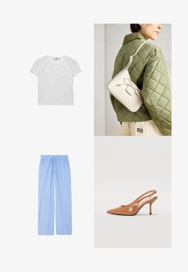 Biała koszulka z krótkim rękawem i okrągłym dekoltem, wykonana z miękkiej bawełny, charakteryzująca się prostym, czystym wzorem bez widocznych zdobień ani akcentów.; Niebieskie spodnie piżamowe w pionowe paski z małymi geometrycznymi wzorami. Posiadają elastyczny pasek w talii związywany sznurkiem oraz boczne kieszenie.; Sandały na obcasie z kwadratowym noskiem, wykonane z gładkiego, błyszczącego materiału w kolorze brązowym. Charakteryzują się zaokrąglonym wycięciem i smukłym obcasem typu stiletto. Detal w postaci srebrnej klamry.; Beżowa skórzana torebka na ramię z kokardką, złotymi detalami i pojedynczym regulowanym paskiem, noszona na zielonej pikowanej kurtce.