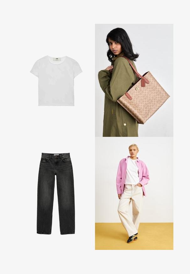 Biała koszulka z krótkim rękawem i okrągłym dekoltem, wykonana z miękkiej bawełny, charakteryzująca się prostym, czystym wzorem bez widocznych zdobień ani akcentów.; Czarne dżinsy o luźnym kroju, prostych nogawkach, pięciu kieszeniach i lekko wypłowiałej strukturze. Zapięcie na guzik i suwak z przodu.; Różowa koszula z korduroju na białej koszulce, w połączeniu z beżowymi spodniami o szerokich nogawkach i czarnymi butami z żółtymi paskami. Na tle żółtym.; Brązowa torba tote w wzory z skórzanymi akcentami i uchwytami. Torba ma zamek błyskawiczny i jest noszona na zielonej kurtce.