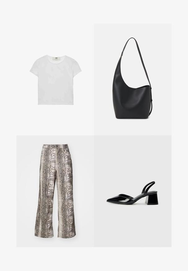 Bijela majica kratkih rukava s okruglim izrezom, izrađena od mekanog pamuka, s jednostavnim, čistim dizajnom bez vidljivih uzoraka ili akcenta.; Hlače širokih nogavica u uzorku zmijskog printa, sa sjajem sive, smeđe i bež boje, izrađene od glatkog materijala s blagim sjajem.; Crne lakirane kožne sandale s otvorenom petom i špicastim vrhom, s geometrijskom blok petom. Imaju elegantan, minimalistički dizajn i glatku teksturu.; Crna kožna hobo torba s glatkom teksturom, zakrivljenim oblikom i jednom podesivom trakicom; ima širok otvor na vrhu.