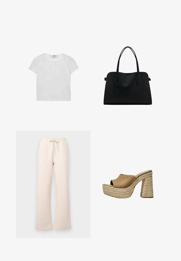 Bílá tričko s krátkým rukávem a kulatým výstřihem, vyrobené z jemné bavlny, s jednoduchým a čistým designem bez viditelných vzorů nebo akcentů.; Gina Tricot ICONIC - Teplákové kalhoty - rainy day; Hnědé semišové platformové muly s otevřenou špičkou, vybavené masivním opleteným juteovým podpatkem a hladkým zaobleným designem horní části.; Černá kožená kabelka s dvojitými ramenními popruhy, obdélníkový tvar a minimalistický design na bílém pozadí.