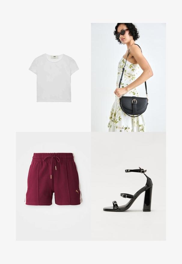 Biała koszulka z krótkim rękawem i okrągłym dekoltem, wykonana z miękkiej bawełny, charakteryzująca się prostym, czystym wzorem bez widocznych zdobień ani akcentów.; Maroonowe sportowe szorty z teksturowanej tkaniny, elastycznym pasem, sznurkiem do regulacji oraz jasnobrązowymi bocznymi panelami z złotym detalem logo.; Czarne lakierowane sandały na obcasie z kwadratowym noskiem, z paskami wokół kostki i srebrnymi klamrami. Posiadają masywny słupek dla stabilności.; Czarna skórzana torebka o zakrzywionym kształcie, z odpinanym paskiem i złotymi akcentami. Torebka posiada klapę z zapięciem w kształcie klamry.