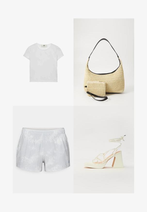 Biele tričko s krátkym rukávom a okrúhlym výstrihom, vyrobené z mäkkého bavlneného materiálu, s jednoduchým a čistým dizajnom bez viditeľných vzorov alebo doplnkov.; New Balance PRINTED SHORT - Športové šortky - grey matter; Biele sandále na vysokom opätku s hrubým podpätkom, s pruhovaným dizajnom a viazaním na členku. Hladký povrch s platformou vpredu pre zvýšenú výšku.; Tkaná slamenná kabelka s prehnutým siluetom, vybavená hladkým čiernym koženým popruhom a zodpovedajúcou malou taštičkou pripevnenou pomocou zápästného popruhu.