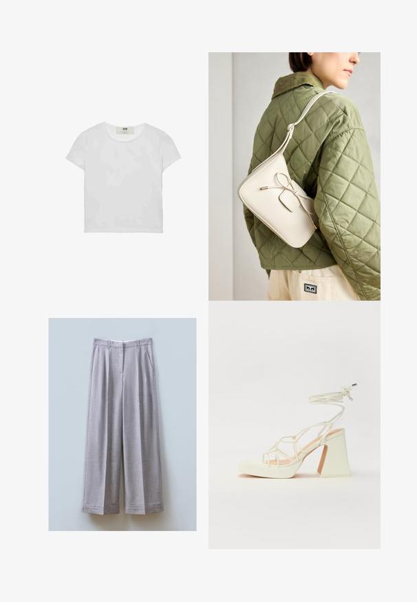 Biele tričko s krátkym rukávom a okrúhlym výstrihom, vyrobené z mäkkého bavlneného materiálu, s jednoduchým a čistým dizajnom bez viditeľných vzorov alebo doplnkov.; Sivé široké nohavice vyrobené z texturovanej tkaniny s prednými záhybmi, dvoma bočnými vreckami a rovnom lemom.; Biele sandále na vysokom opätku s hrubým podpätkom, s pruhovaným dizajnom a viazaním na členku. Hladký povrch s platformou vpredu pre zvýšenú výšku.; Bežová kožená crossbody taška s detailom mašle, zlatým kovaním a jedným nastaviteľným popruhom, nosená cez zelenú prešívanú bundu.
