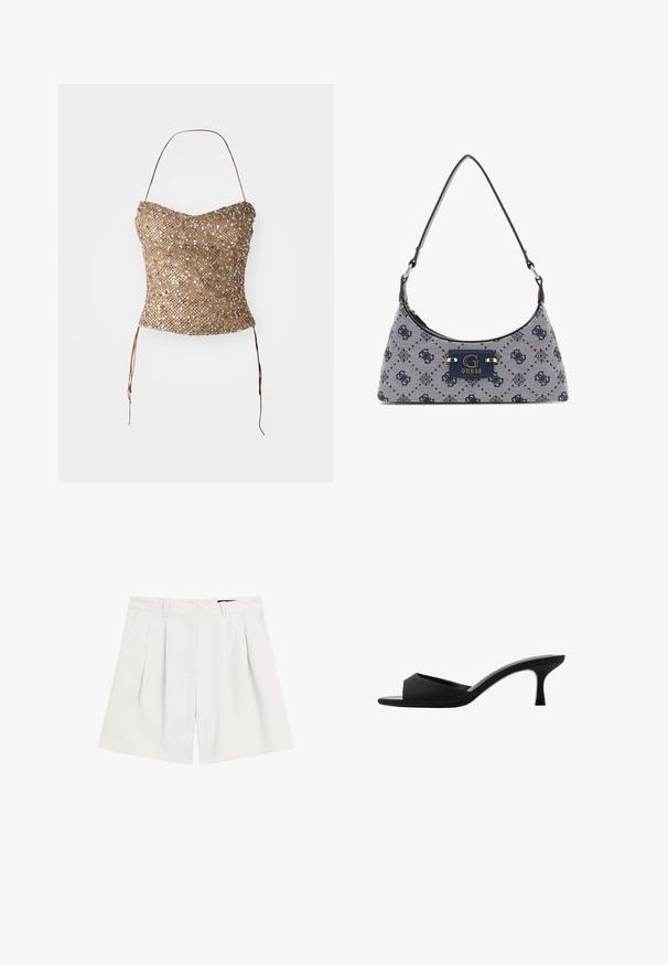 Geflochtener trägerloser Oberteil in Gold, mit einer strukturierten, mit Pailletten versehenen Oberfläche und Taillenbändern für eine verstellbare Passform. Glatte, figurbetonte Silhouette.; Helle beige, gefaltete Shorts aus strukturiertem Stoff. Mit einem Bund mit Gürtelschlaufen und einem Reißverschluss als Verschluss.; Schwarze Absatzmules mit einer breiten, offenen Zehenpartie und einem geschwungenen Oberteil. Hergestellt aus strukturiertem Stoff, mit einem schlanken Absatz und einer glatten Sohle.; Hobo-Handtasche aus navyblauem Stoff mit einem Diamantmuster, ausgestattet mit einem Logo-Schild und einem glatten Schultergurt. Strukturiert Oberfläche.