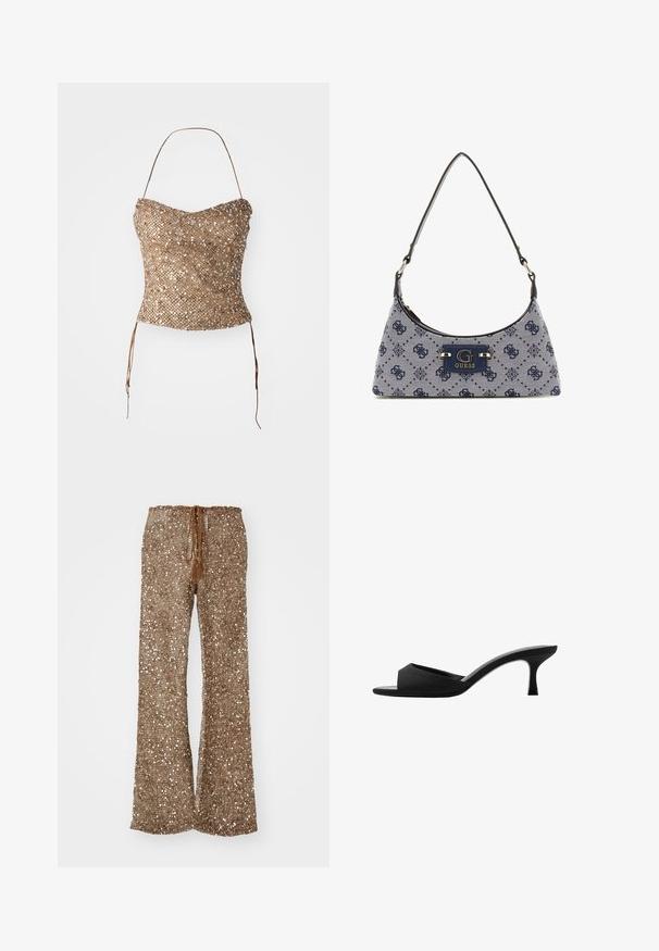 Pletený bezramínkový top ve zlaté barvě, s texturovaným, flitrovaným povrchem a vázáním v pase pro nastavitelnou velikost. Hladký, těsně přiléhající silueta.; Hnědé zvonové kalhoty z texturovaného materiálu s stříbrnými flitry, vybavené stahovacími šňůrkami v pase s třásněmi pro úpravu velikosti.; Černé lodičky na vysokém podpatku s širokým, otevřeným špičkou a zakřiveným svrškem. Vyrobené z texturované látky, mají štíhlý podpatek a hladkou podrážku.; Kabelka ve stylu hobo z tmavě modré tkaniny s diamantovým vzorem, s logem a hladkým ramenním popruhem. Texturovaný povrch.