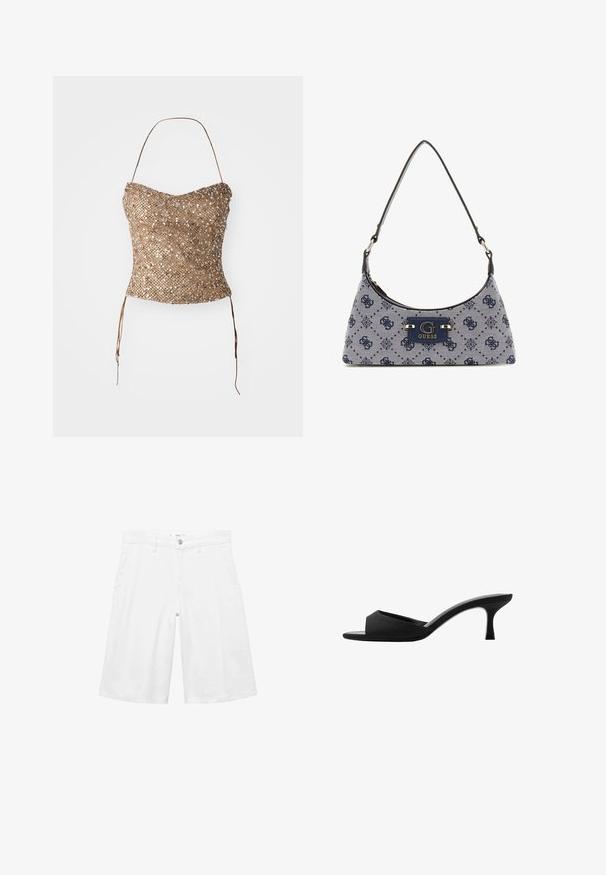 Pletený bezramínkový top ve zlaté barvě, s texturovaným, flitrovaným povrchem a vázáním v pase pro nastavitelnou velikost. Hladký, těsně přiléhající silueta.; Bílé šortky s zapínáním na knoflík a poutky na opasek, s předními kapsami a čistým, klasickým designem vhodným pro každodenní nošení.; Černé lodičky na vysokém podpatku s širokým, otevřeným špičkou a zakřiveným svrškem. Vyrobené z texturované látky, mají štíhlý podpatek a hladkou podrážku.; Kabelka ve stylu hobo z tmavě modré tkaniny s diamantovým vzorem, s logem a hladkým ramenním popruhem. Texturovaný povrch.