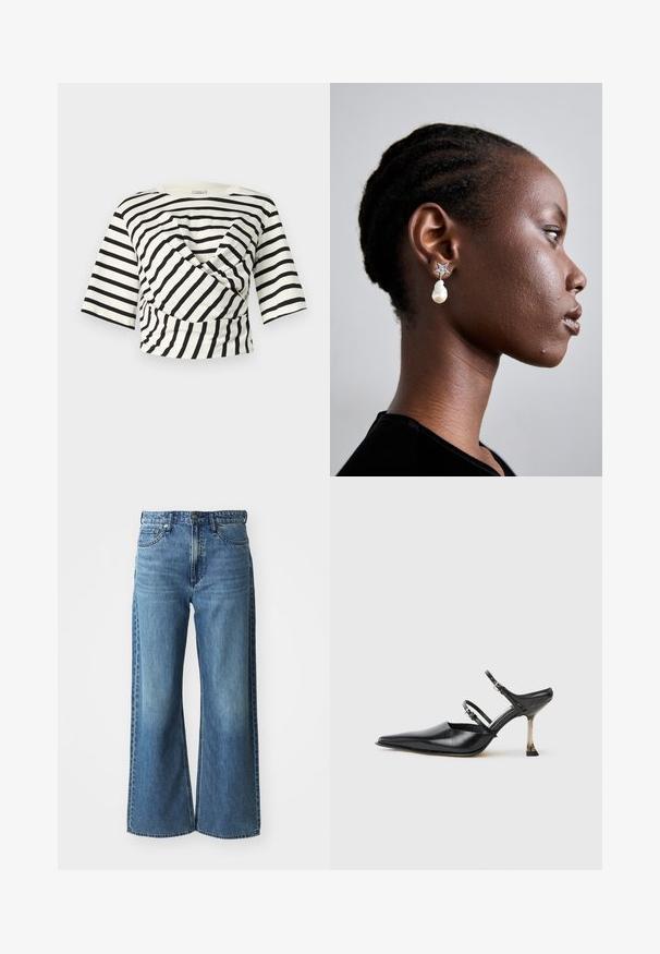 Baum und Pferdgarten JALYA - T-Shirt print - black whisper stripe; Weite blaue Jeans mit mittelhohem Bund, fünf Taschen und subtilen Ausbleichungen. Merkmale sind Gürtelschlaufen und gestickte Details.; Schwarzer Leder Slingback-Schuh mit spitzem Zehenbereich, zwei verstellbaren Riemen und einem metallischen Absatz. Glatte Textur und minimalistisches Design.; Tory Burch STAR DROP EARRING - Ohrringe - silver-coloured