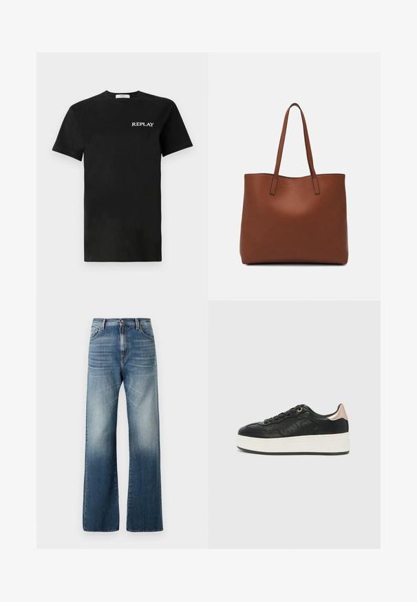 Svart bomullströja med korta ärmar, med en vit "REPLAY"-logotyp på vänster bröst. Klassisk design med rund hals.; Vida jeans i blå denim med vida ben och en urblekt finish, med knappstängning och traditionell femfickorsdesign. Slät textur genom hela plagget.; Replay CAMDEN CITY - Sneakers - black; Brun läder tote-väska med en slät textur, öppen toppdesign och två axelremmar. Har minimal söm och ingen synlig metalldetalj.