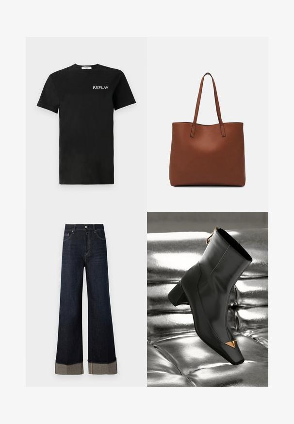 Fekete pamut póló rövid ujjakkal, bal mellen fehér "REPLAY" logóval. Klasszikus környakú dizájn.; Sötétkék, magas derekú, széles lábú farmerek, nyers szegéllyel, világosbarna varrással és hajtott, kontrasztos anyagú visszahajtással.; Fekete bőr bokacsizma, négyzet alakú orral, arany háromszög díszítéssel és középmagas sarkával. Simító textúra a ragyogó ezüst háttér előtt.; Barna bőr vászontáska sima textúrával, nyitott tetejű dizájnnal és két vállpánttal. Minimális varrással és látható hardver nélkül készült.
