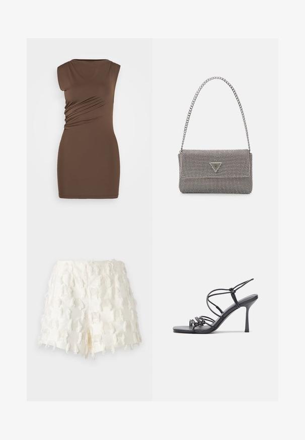 Brun, ærmeløs kjole med en tætsiddende silhuet. Har sideløsninger og et glat, strækbart stof. Enkel rund halsudskæring, længde over knæet.; Hvide shorts med en tekstureret stof, franskede detaljer og et indviklet rutenetmønster. Designet er højtaljet med en flosset finish.; Sorte højhælede sandaler med tynde stropper og en knyttet design, en glat firkantet tå og en slank stiletto hæl.; Lys grå metallisk håndtaske med kædestrop, dekoreret med små runde metalliske studs og et trekantet brandlogo.; Sølv hoop øreringe med en glat, skinnende overflade. Rundet form, letvægtsdesign med post-back lukning.