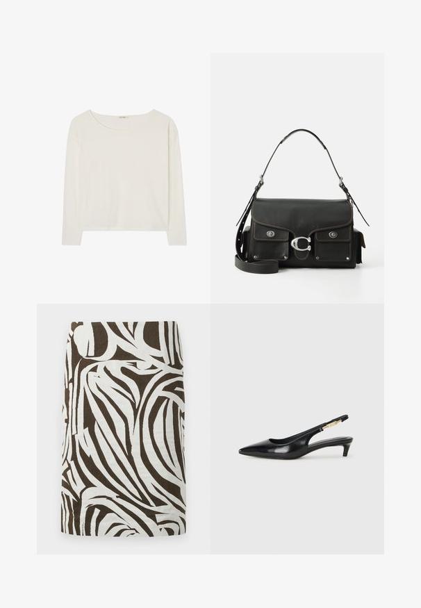 Baltas garām piedurknēm tops ar apaļu izgriezumu, viegls kokvilnas audums un brīvas formas piegriezums. Vienkāršs dizains bez rakstiem vai rotājumiem.; Brūns un balts zīmuli svārki ar abstraktu zebras rakstu, ceļgalu garuma un taisnā griezuma.; Melnas ādas slingback zābaki ar smailu purngalu, ar šauru papēdi un zelta krāsas akcentu uz regulējama siksniņas. Gluda tekstūra.; Melnas ādas rokassomu ar atloku aizdari, sudraba piederumiem, divām priekšējām kabatām, kontrastējošām šuvēm un noņemamu plecu siksnu.