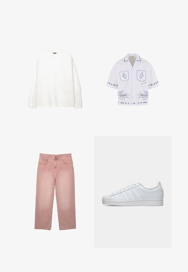 Pulover alb cu mâneci lungi, fabricat din bumbac. Prezintă un gât rotund, umeri căzuți și manșete decorative. Textură netedă, fără modele.; Cămașă albă cu mânecă scurtă, cu desene grafice albastre, inclusiv buzunare, model de ramură de măslin și detalii contrastante la guler.; Jeans cu talie înaltă, cu croială largă, de culoare roz prăfuit, cu nasture frontal, buzunare și bucle pentru curea, prezentate pe un fundal alb.; Adidași din piele albă cu un capac din cauciuc texturat pe vârf, trei dungi pe lateral și un guler căptușit. Șireturi plate albe și un design minimalist.