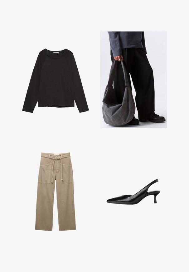 Černé tričko s dlouhým rukávem a kulatým výstřihem, vyrobené z jemné látky, s raglanovými rukávy a rovnou spodní částí.; Beige kalhoty s širokými nohavicemi vyrobené z odolné tkaniny, s velkými předními kapsami, pleteným páskem a decentními stehmi.; Černé lodičky na klínu s špičatou špičkou, vyrobené z texturovaného syntetického materiálu, s úzkým podpatkem a otevřeným bočním designem.; Šedá látková taška na rameno s uvolněným tvarem, která má hladkou texturu a široké popruhy. Tašku drží osoba ve tmavých kalhotách.
