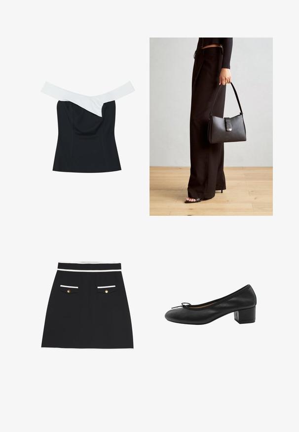 Top nero con una fascia bianca sporca che attraversa il colletto, caratterizzato da un design aderente e una texture di tessuto liscia.; Gonna nera con un bordo bianco in vita e tasche. Presenta due tasche frontali con bottoni dorati. Tessuto dalla superficie liscia.; Décolleté in pelle nera con punta rotonda, piccolo dettaglio a fiocco sul davanti e tacco quadrato. Struttura liscia con minima presenza di dettagli decorativi.; Borsa nera con forma strutturata, texture liscia e una chiusura metallica. Abbinata a pantaloni neri larghi e sandali open-toe su un pavimento in legno.