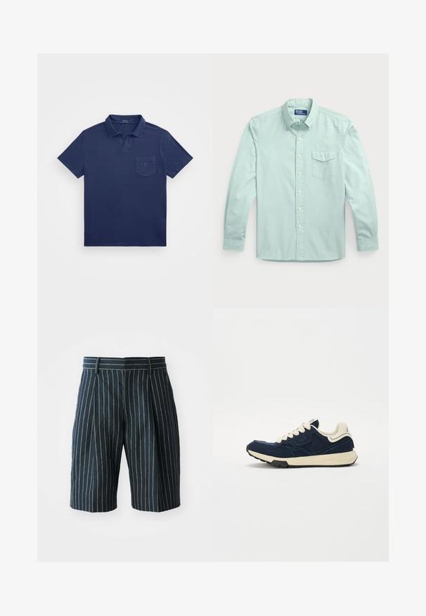 Navyblauwe poloshirt met een korte kraag, een borstzak en een geborduurd logo. Gemaakt van een zachte, gestructureerde stof.; Lichtblauw overhemd met lange mouwen en knopen, voorzien van een zak, een kraag, knopen aan de voorkant en een gestructureerde stof.; Blauwe gestreepte shorts met een rechte snit, voorzien van een tailleband en plooien, gemaakt van een textiel met structuur. Geen zichtbare zakken of hardware.; Marineblauwe sneaker met een gestructureerde leren bovenkant, crèmekleurige veters en een beige middenzool. Beschikt over een klassiek atletisch ontwerp en rubberen loopzool.
