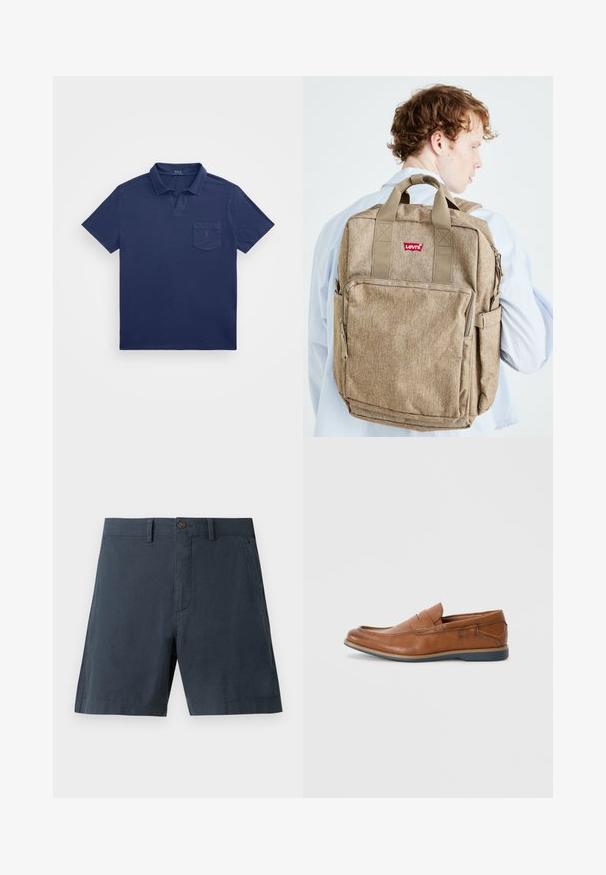 Tumesinine polo särk, millel on lühike krae, rinnatasku ja brodeeritud logo. Valmistatud pehmest, tekstureeritud kangast.; Tumedatest sinised lühikesed püksid, mis on valmistatud puuvilla segu kangast, paelise kinnitusega, küljetaskute ja sirge jala disainiga.; Prunadest nahkkingad ümmarguse varbaga, õmmeldud detailide ja madala kummitaldaga. Disain sisaldab riba üleval.; Pruun kangast seljakott mitme taskuga, vastupidavad rihmad ja väike punane logo. Omab tekstuuri ja ristkülikukujulist kuju.