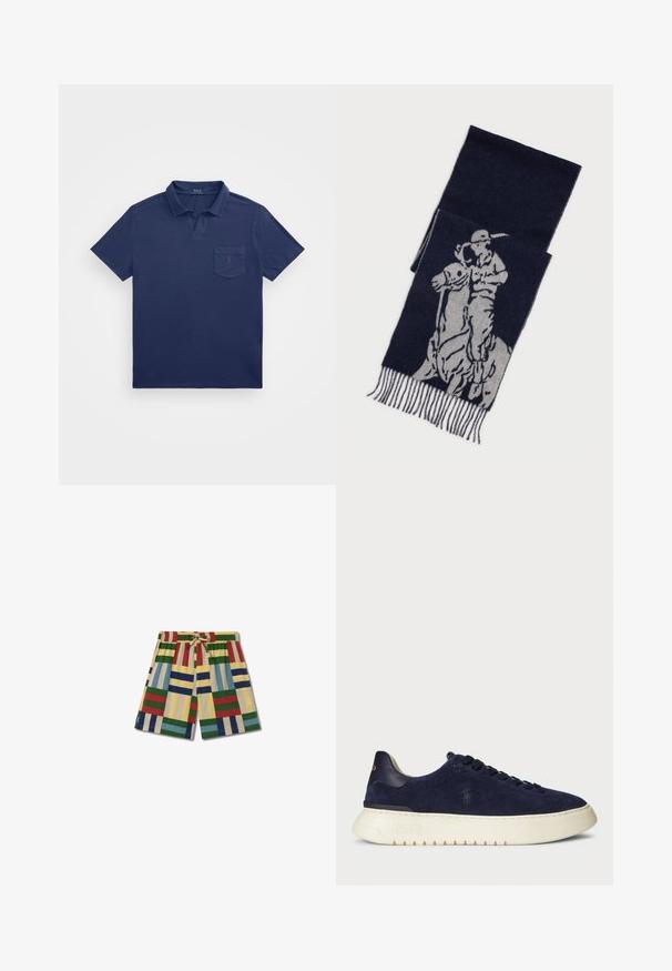 Marineblaue Polo-Shirt mit kurzem Kragen, einer Brusttasche und einem gestickten Logo. Hergestellt aus einem weichen, strukturierten Stoff.; Thinking Mu HENRY - Jogginghose - pale yellow; Navy Wildleder Sneaker im niedrigen Schnitt mit strukturierter Oberfläche, Gummisohle und passenden Schnürsenkeln, ausgestattet mit einem kleinen Logo an der Seite und am Absatz.; Marineblaue Schal mit grauer Grafik eines Polo Spielers zu Pferd, mit fransigen Kanten.