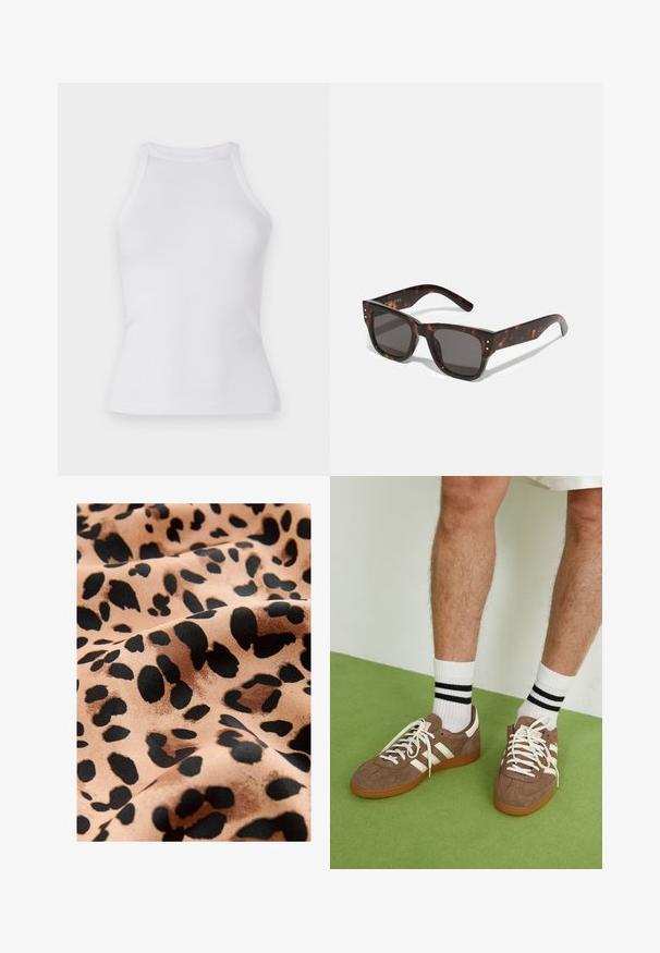 Weißes, geripptes Tanktop mit passgenauer Passform, rundem Halsausschnitt und ohne Ärmel. Hergestellt aus dehnbarem Stoff für Komfort und Bewegungsfreiheit.; Leopardenprintstoff mit großen schwarzen Flecken auf beige Hintergrund, mit glatter Satinoberfläche und fließendem Aussehen.; Braune Wildleder-Sneaker mit weißen Akzenten und Schnürsenkeln. Gummisohle in Kautschuk-Optik. Getragen mit weißen Socken, die schwarze Streifen haben. Grüner strukturierter Fußboden.; Sonnenbrille aus Schildpatt mit dunklen Gläsern, quadratischem Rahmen und silbernen Akzentnieten auf der Vorderseite. Aus Kunststoff, leicht und langlebig.; Braune, geflochtene Lederhandtasche mit einer lässigen, dreieckigen Form. Verfügt über einen geflochtenen Griff und einen Reißverschluss an der Oberseite.