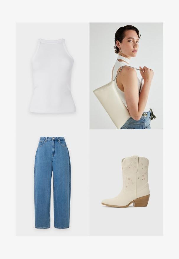Top alb cu dungi, cu un design ajustat, decolteu rotund și fără mâneci. Fabricat din material elastic pentru confort și ușurință în mișcare.; Pantaloni din denim de culoare bleu deschis, cu croială dreaptă, talie înaltă și închidere prin nasture frontal. Au cinci buzunare și detalii din cusături minime.; Botă de cowboy din piele albă cu broderie florală, vârf ascuțit și toc din lemn stratificat. Prezintă cusături decorative pe tijă.; Geantă de clutch rectangulară albă, realizată dintr-un material lucios, având o curea de lanț argintie. Modelul pozează, evidențiind geanta pe un fundal simplu.