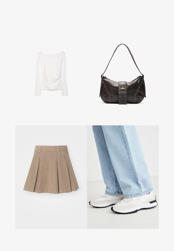 Top bianco a maniche lunghe con scollatura ampia e dettaglio arricciato sul retro. Texture liscia, design aderente.; Gonna a pieghe beige realizzata in un tessuto testurizzato. Presenta una vita con passanti per cintura e una patch con logo sul lato sinistro anteriore.; Sneaker sportive con tomaia in rete bianca, accentuazioni in suede grigio, suola in gomma nera e elementi di design testurizzati sui lati.; Borsa a spalla in pelle marrone con una forma curvata, caratterizzata da un evidente dettaglio a fibbia, cuciture a contrasto e una sola tracolla.