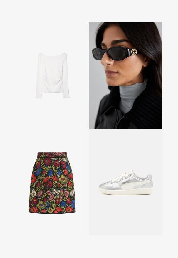 Biela blúzka s dlhým rukávom, širokým výstrihom a zhromaždenými detailmi na zadnej strane. Hladká textúra, priliehavý strih.; Sukňa s kvetinovým vzorom s čiernym pozadím, farebnými kvetmi v červenej, modrej, ružovej a zelenej farbe, so priliehavým pásom a tvarom do A.; Strieborné metalické tenisky obsahujúce biele akcenty, hladký syntetický vrch, šnurovanie vpredu a textúrovanú gumovú podrážku. Logo PUMA na strane.; Čierne slnečné okuliare s elegantným obdĺžnikovým rámom a zlatým logom na boku. Tmavé šošovky a lesklý povrch sú výrazné.; Čierna lesklá kožená kabelka s prešívaním, so zlatým reťazovým popruhom a uzáverom na klip s okrúhlou ozdobou. Kompaktný obdĺžnikový tvar.
