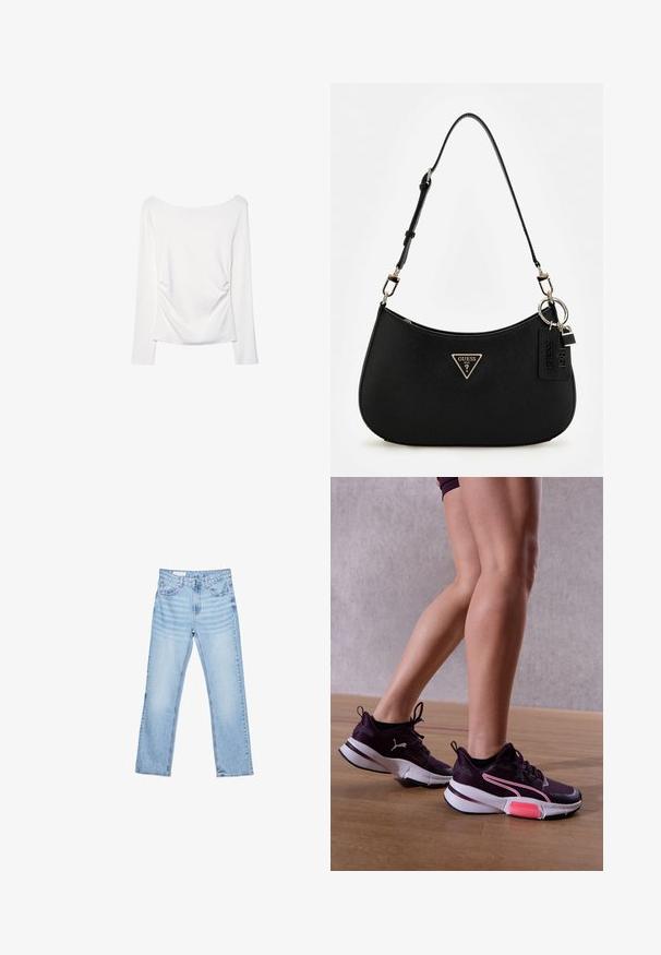 Bílé tričko s dlouhými rukávy a širokým výstřihem, s nařasením na zadní straně. Hladká textura, přiléhavý střih.; Světle modré džíny z denimu se rovnými nohavicemi, designem s pěti kapsami a viditelným šitím. Středně vysoký pas se klasickým zapínáním na knoflík a zip.; Nohy obuté do fialových tenisek Puma s bílou podrážkou a růžovými akcenty, stojící na dřevěné podlaze proti šedé zdi.; Černá syntetická taška přes rameno s zakřivenou siluetou, strukturovaným povrchem, zlatým trojúhelníkovým logem a odnímatelnými kovovými akcenty.