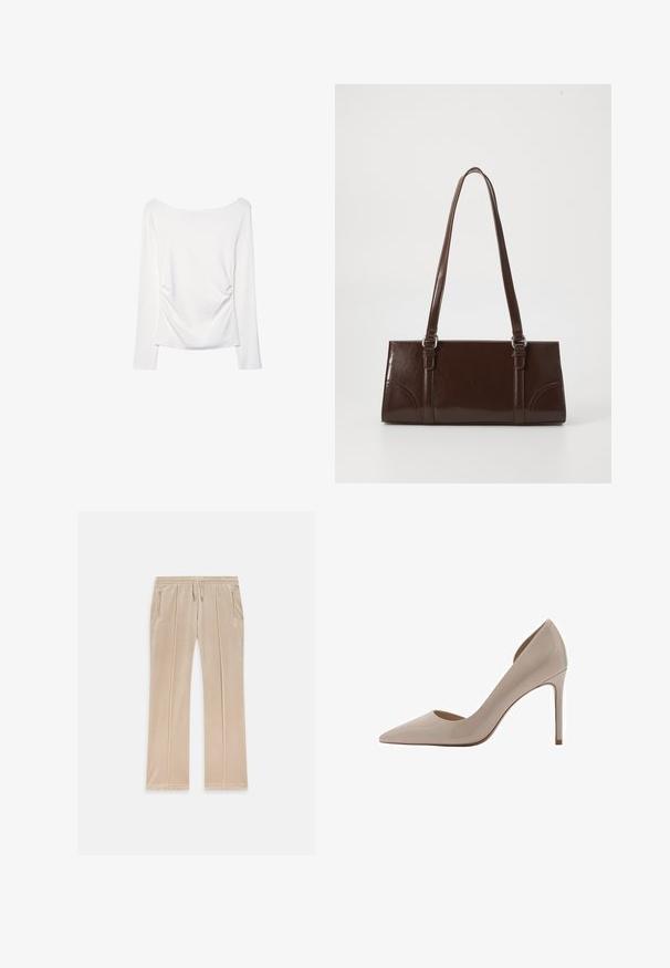 Langärmliges weißes Oberteil mit weitem Halsausschnitt und gerafftem Detail im Rücken. Glatte Textur, figurbetonter Schnitt.; Beige Samt-Jogginghosen mit einer Kordelzug-Taille, zwei seitlichen Taschen und dezenten Seitennähten. Mit besticktem Logo auf der Vorderseite.; Mango ASYMMETRISCHE MET EFFECT - High Heel Pumps - grey; Braune Lackleder-Handtasche in rechteckiger Form, mit zwei langen Griffen und subtilen, geschwungenen Akzenten auf der Vorderseite.; Goldfarbene Ohrringe mit einer organischen, bohnenähnlichen Form und glatter, reflektierender Oberfläche; verfügen über ein minimalistisches Design ohne sichtbare Hardware.