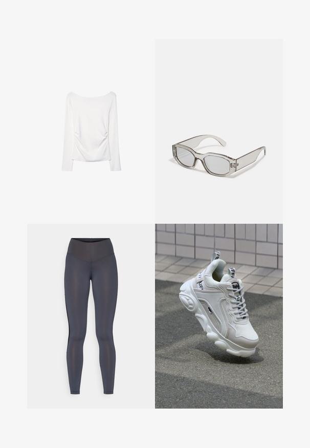 Vit långärmad topp med vid halsringning och rynkdetalj bak. Slät textur, figurnära design.; Leggings i kolgrått, med hög midja, slät textur, åtsittande design och sidoseamsdetaljer i en kontrasterande färg.; Vit sneaker med nät- och lädermaterial, rund tå, tjock sula, framträdande snören och branding på hälen och tungan.; Grå, genomskinliga solglasögon med rektangulär form, platta linser och tjocka skalmar. Har en subtil gångjärnsdetalj vid tinningarna.; Even&Odd Handväska - black; Träningshandskar med en ljusrosa och svart design, tillverkade av andningsbart material, med en justerbar handledsrem och texturerade greppdetaljer.